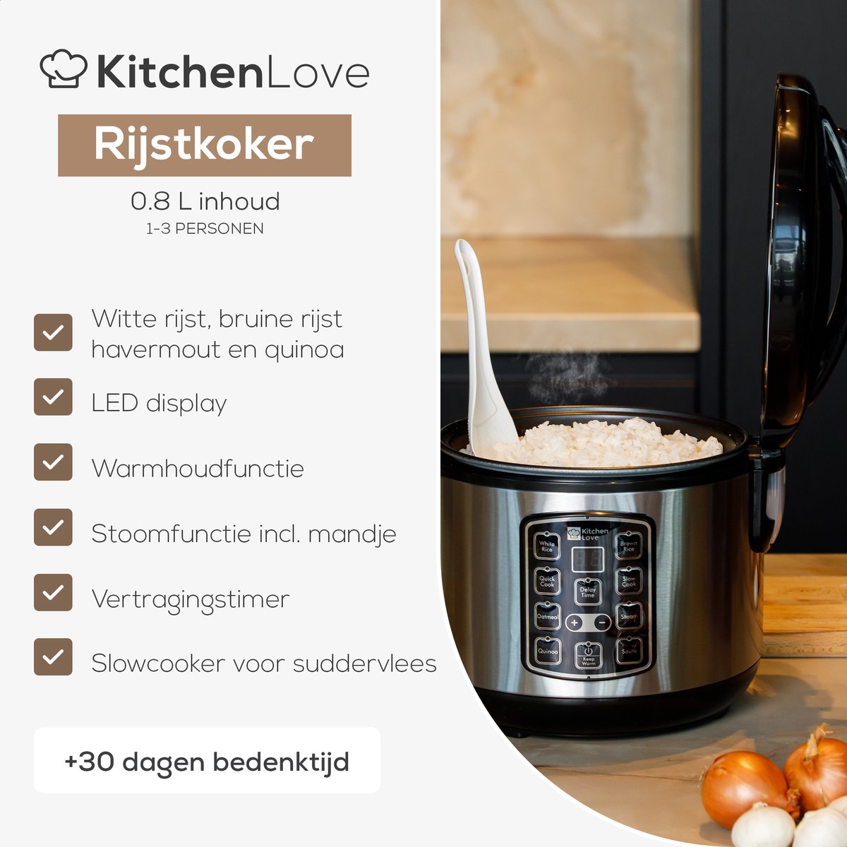 Rijstkoker met Stomer - 0.8L - Multicooker - Rice Cooker - Slowcooker - 1 tot 3 Personen - Zwart RVS - KitchenLove – foto 2