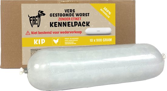 Boîte avec 'FRED KIP' '10 x 900 GRAM' et une saucisse blanche