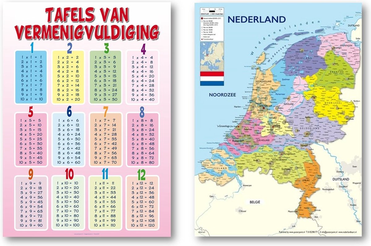 Posterpoint Nederland kaart en Tafels van vermenigvuldiging poster - Set van twee posters - Educatief - Roze tafel poster - Formaat 50 x 70 cm multi