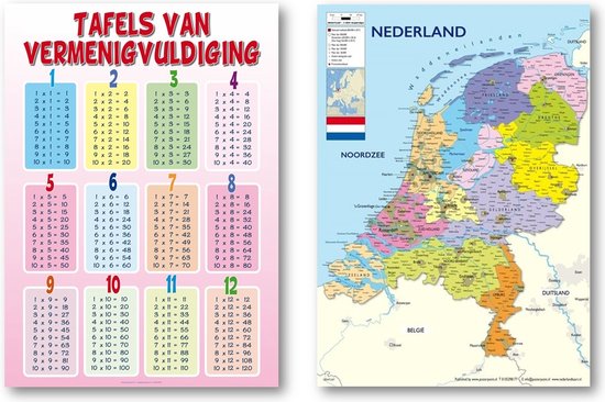 Set van twee posters: een roze tafelposter met tafels van vermenigvuldiging en een kleurrijke kaart van Nederland.