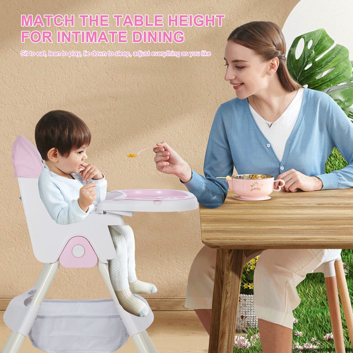 OFMOTRA Kinderstoel 3 in 1 - Inklapbare Eetstoel - Kinderzetel - met opbergmand - Verstelbaar Baby Stoel - Peuterstoel - 5-punts Gordel - Uitneembaar lederen kussen - Meegroei Stoel - Roze – foto 6