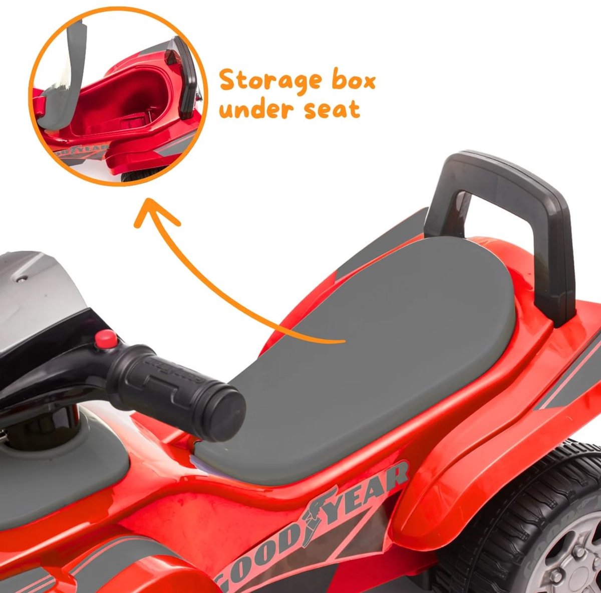 Goodyear Loopauto 1 tot 3 jaar – Officieel Gelicentieerde Quad Loopauto met Verlichting, Toeter & Opbergvak – Buitenspeelgoed Peuter met Blokstandaard & Cadeaubox – Rood – foto 6