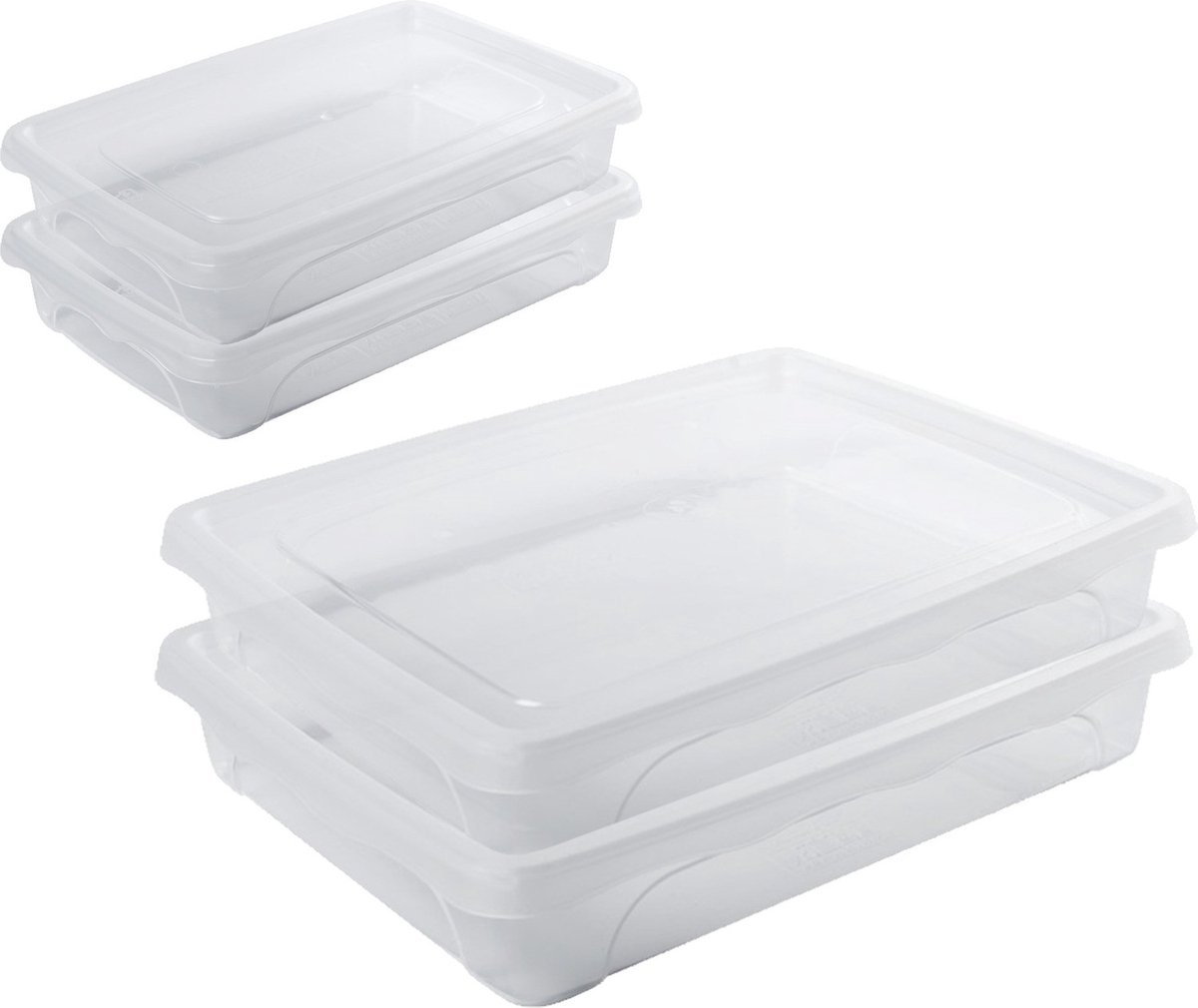4x Voorraad/vershoudbakjes laag 0,5 en 1,5 liter transparant plastic/kunststof - 18 x 12 x 4 cm - 24 x 20 x 5 cm - Vienna - Vershouddoos bakje - Mealprep - Maaltijden bewaren