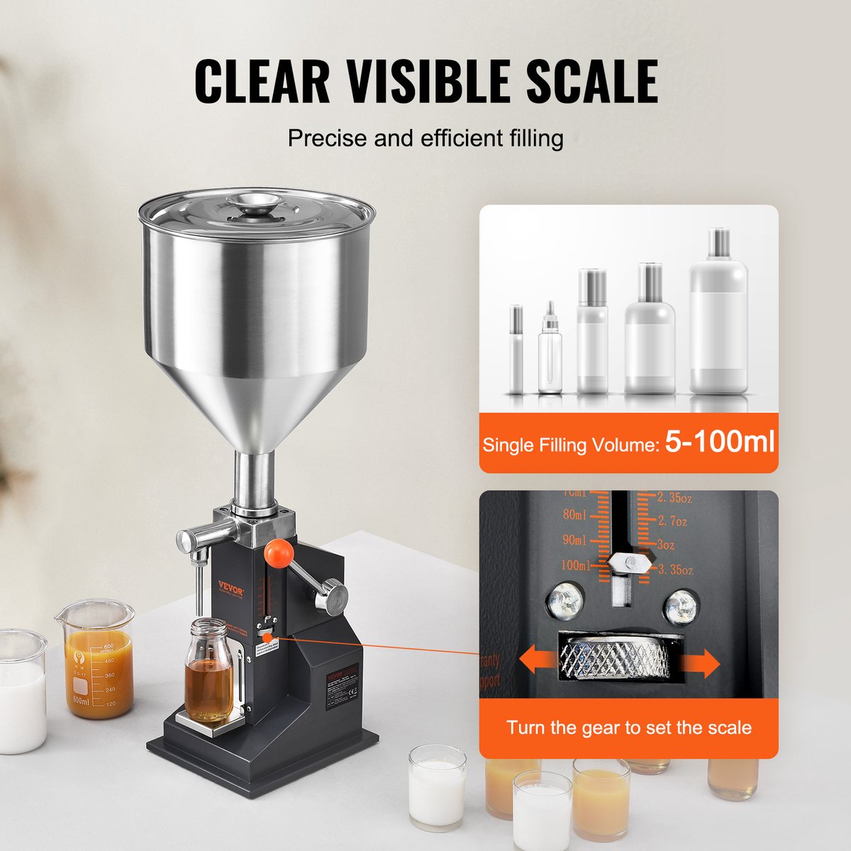 VEVOR 5-100ml Vulmachine Handmatige Vloeistofvulmachine Gemaakt van Food Grade 304 Roestvrij Staal Siliconen PTFE Vulmachine Inclusief Twee Spuitmonden 4 mm / 8 mm Ideaal voor het Vullen van Honingolie-essentie thumbnail 4