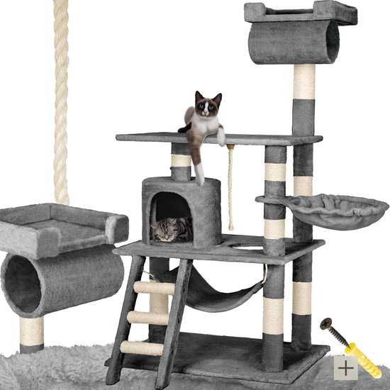 Tectake® XXL Krabpaal voor Katten - Grote Krabpaal met Hangmat, Ligmand, Grot, Trap, Buis en Speelkoord - Sisal en Pluche Krabmeubel voor Ultieme Speelplezier - 141cm - grijs