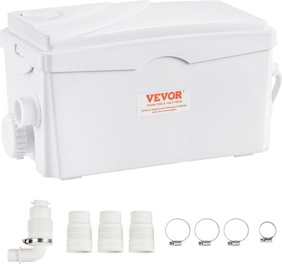 Witte VEVOR afvalwaterpomp met een set accessoires, inclusief slangen en klemmen.