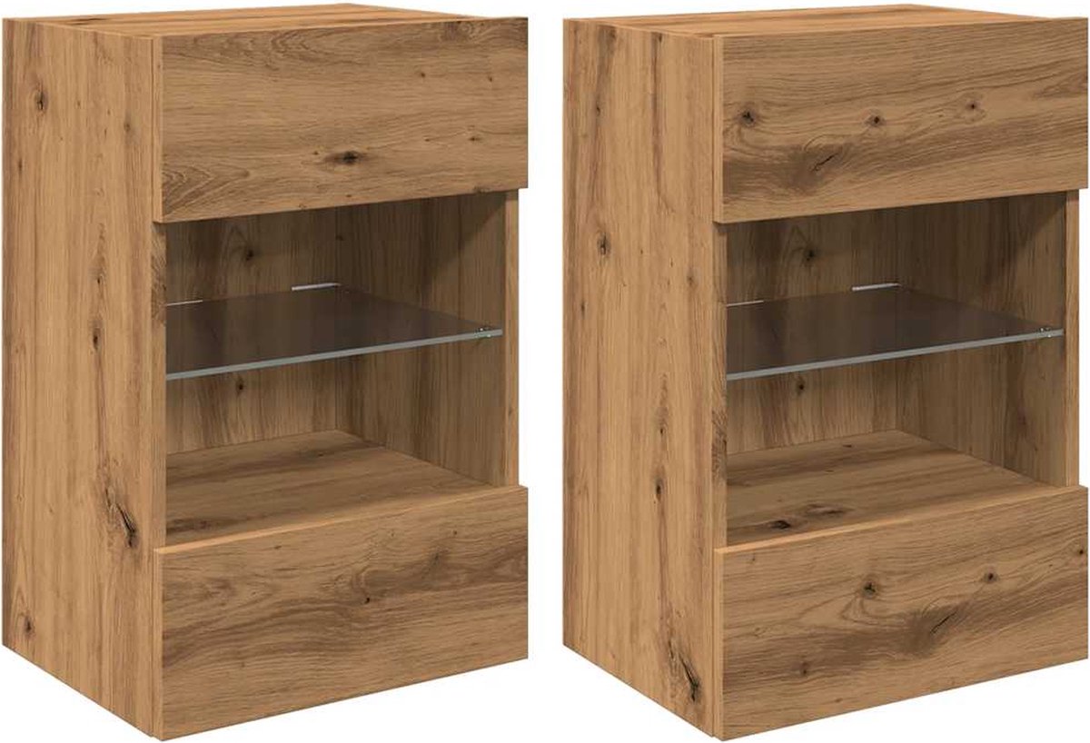 vidaXL - Wandkasten - met - LED-verlichting - voor - tv - 2 - st - 40x30x60,5 - cm - artisanaal - eikenkleur