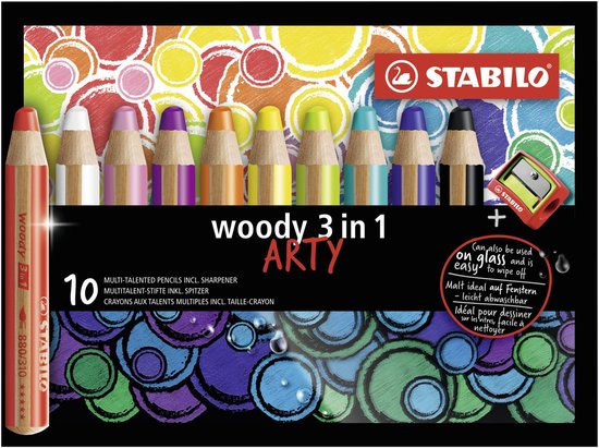 Pak van 10 STABILO woody 3 in 1 ARTY multitalent potloden en puntenslijper, met kleurrijke cirkels op de verpakking.