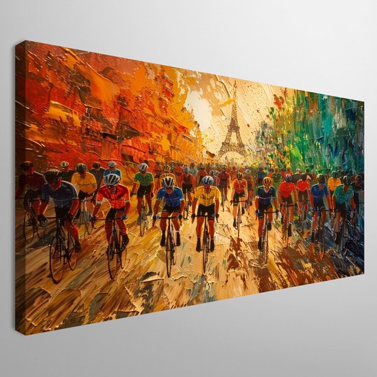 Ronde van frankrijk | Kleurrijke en dynamische fietsendeelnemers in de wereldberoemde Tour de France | Kunst - 90x60 centimeter op Canvas | Foto op Canvas