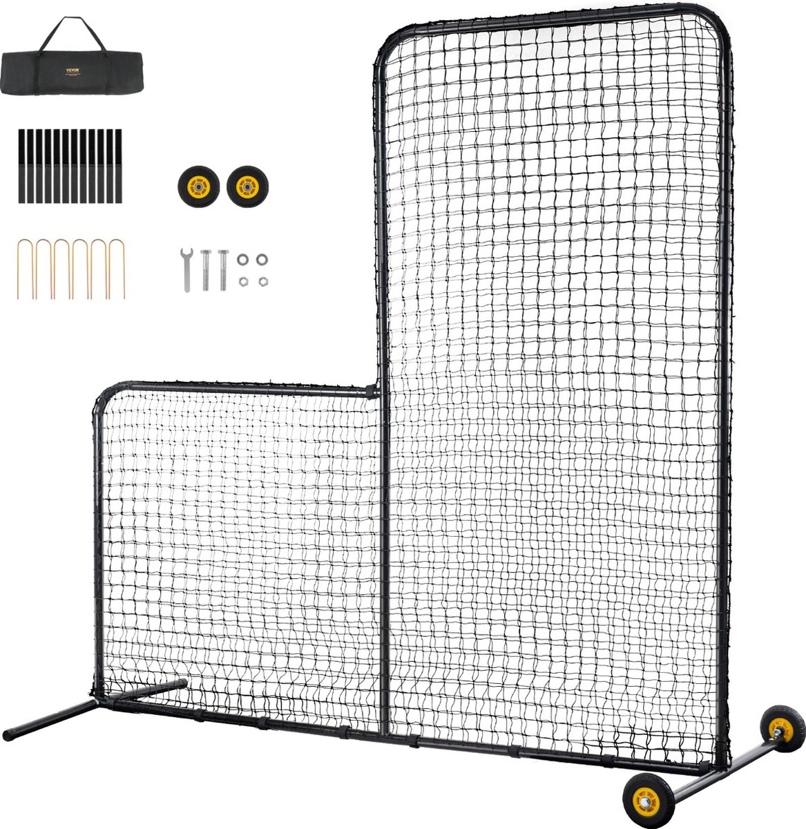 VEVOR L-type voor Slagkooi 84" x 42" x 84" Honkbal- en Softbal Veiligheidsparaplu Lichaamsbescherming Draagbare Slagparaplu met Lichaamsbeschermer en Draagtas en Wielen, Softbal Pitching Net Zwart