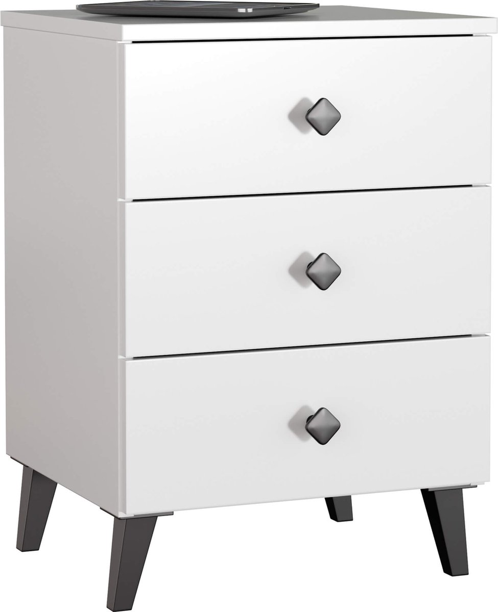 Akord Nachtkastje MOBI met 3 Lades / AKORD Furniture Factory / Wit met Zwarte Handgrepen / 40 x 58 x 37 cm