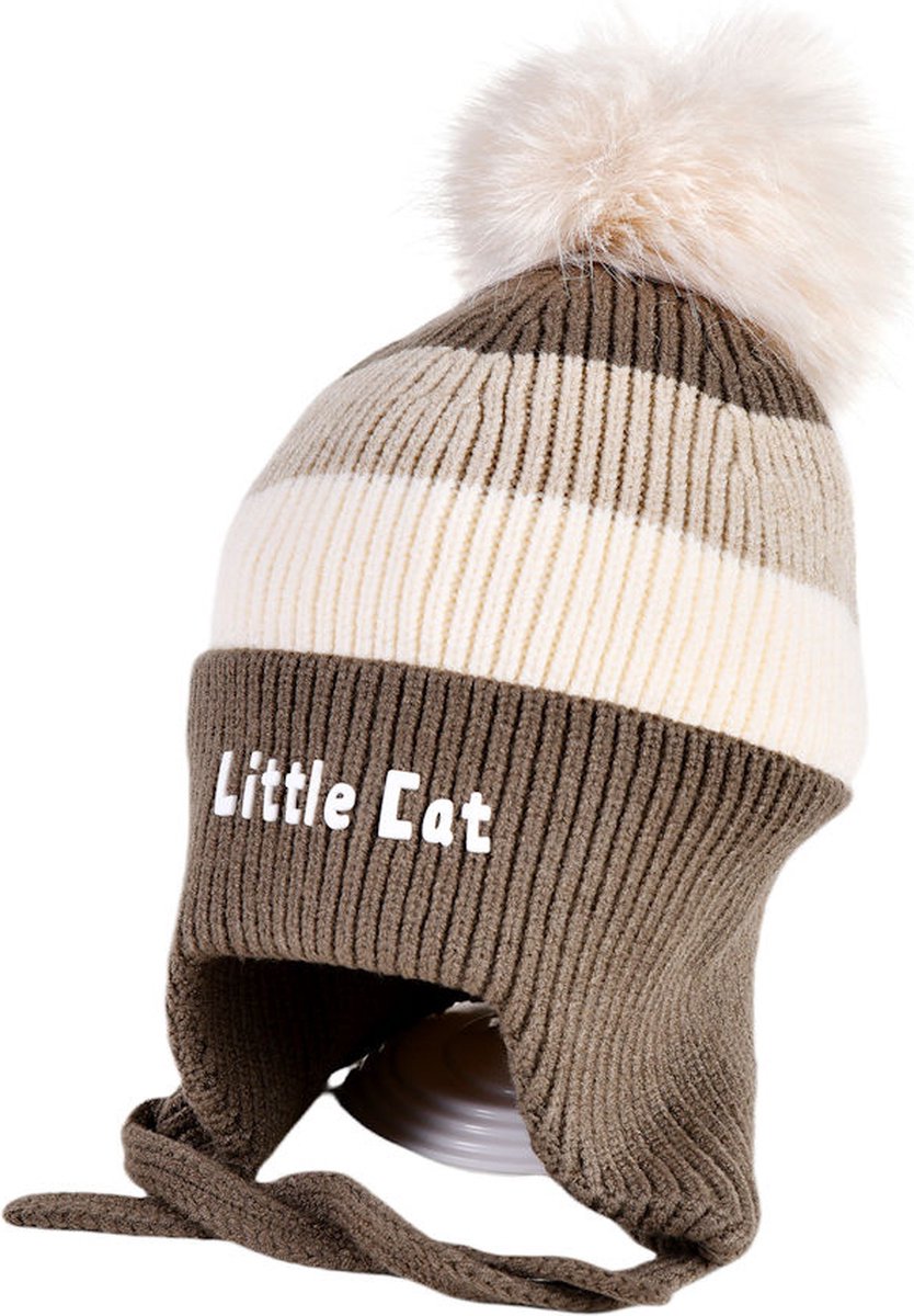 Decopatent LITTLE CAT - Muts Kind - Kinder muts met pompon - 6 Maanden t/m 6 jaar - Maat 48/52 - Kindermutsen Jongens & Meisjes - Gebreide Muts met Binnenvoering - Muts Baby / Peuter / Kleuter - Wintermuts - Kleur Donker Bruin met gekleurde Strepen — cadeau in Mode & Accessoires - foto 2