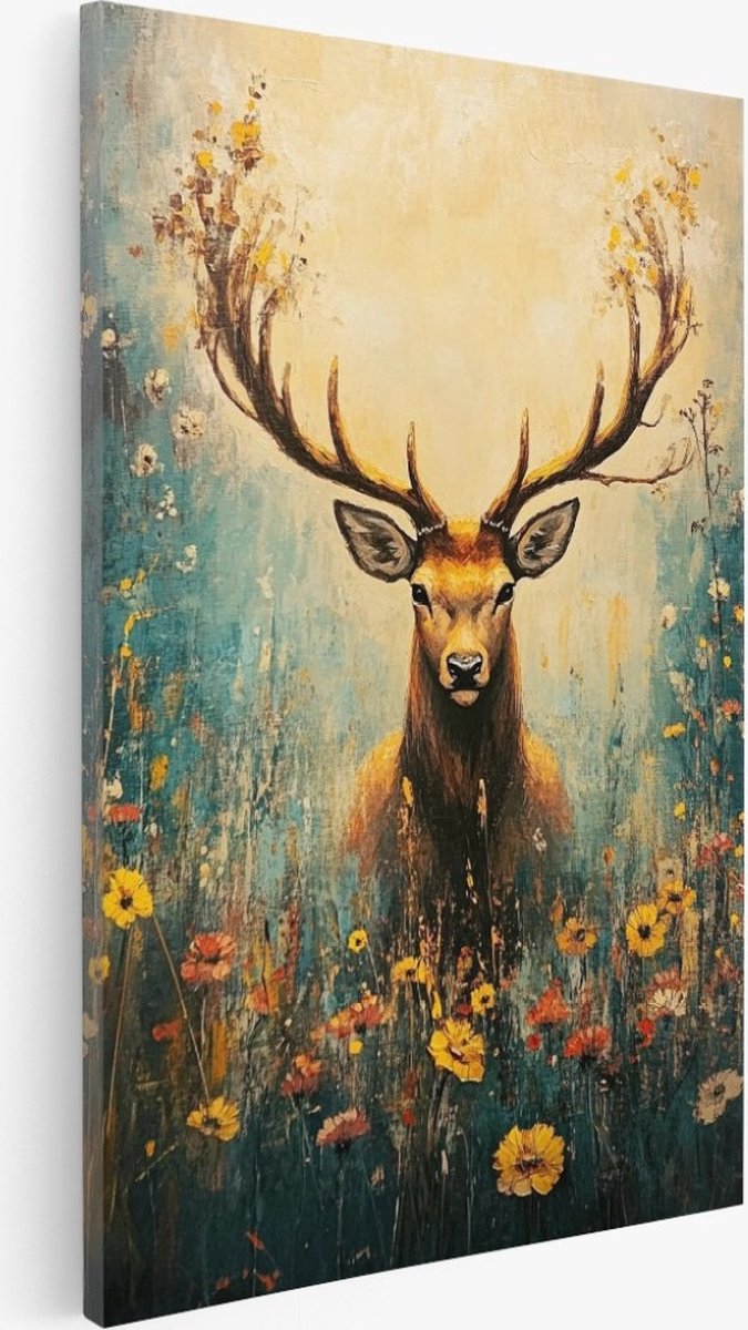 Saammp Canvas Schilderij - Abstract hert tussen de bloemen - Dieren - Natuur - 20x30 - Foto op canvas - Wanddecoratie - Muurdecoratie Woonkamer - Slaapkamer decoratie - Canvas Print Multicolor
