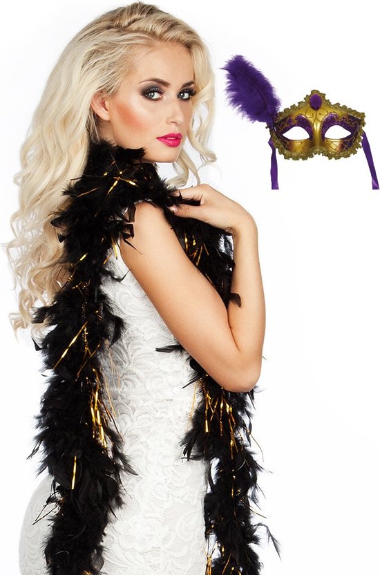 Carnaval gemaskerd bal verkleed set - Venetiaans oogmasker goud/paars - Veren Boa zwart/goud tinsels - Dames - Burlesque