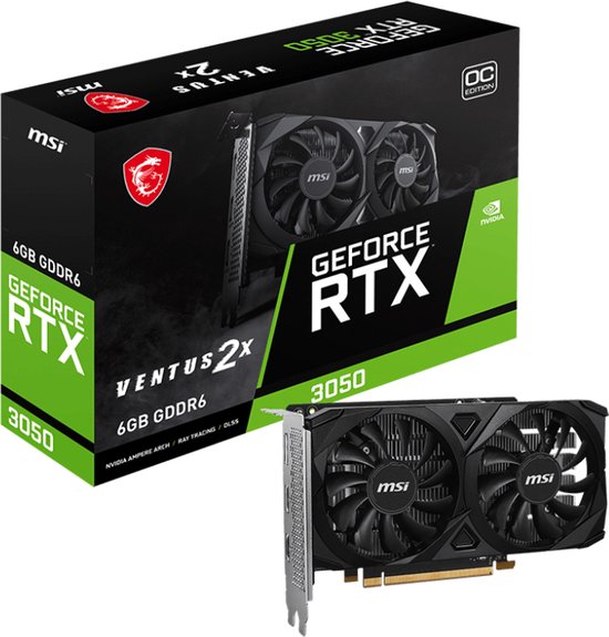 MSI NVIDIA GeForce RTX 3050 VENTUS 2X E 6G OC - Videokaart - 6GB - GDDR6 - PCIe 4.0 - 2x HDMI 2.1a, 1x DisplayPort 1.4