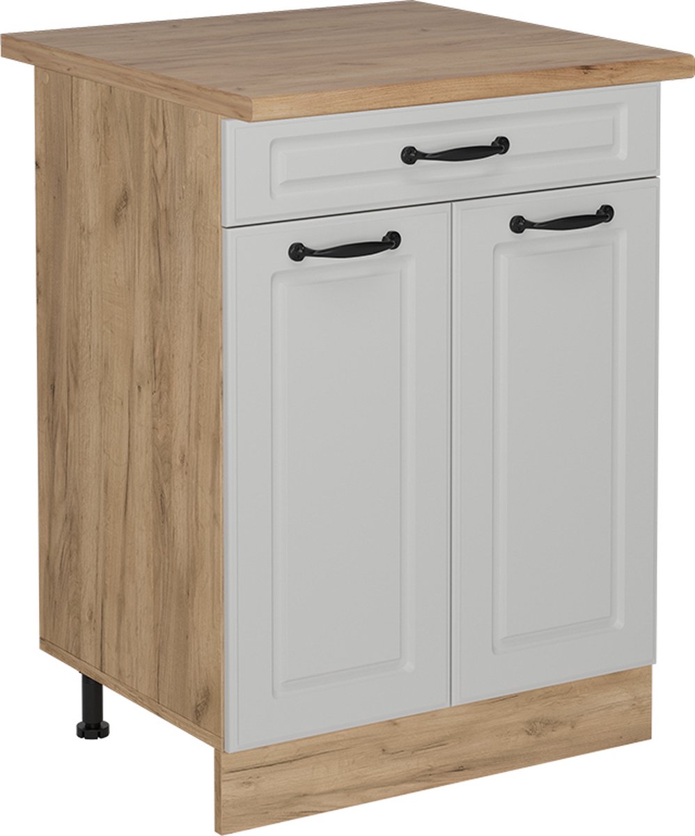Vicco R-Line Keukenonderkast – 60 cm met lade, WB Eik Wit Landhuis Wit landelijk/Goudkleurig Eiken