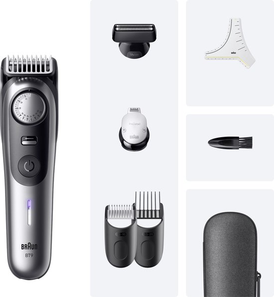 Braun Tondeuse À Barbe Series 9 BT9520 + 7 Outils De Barbier - ProBlade - 52 Longueurs - Chrome