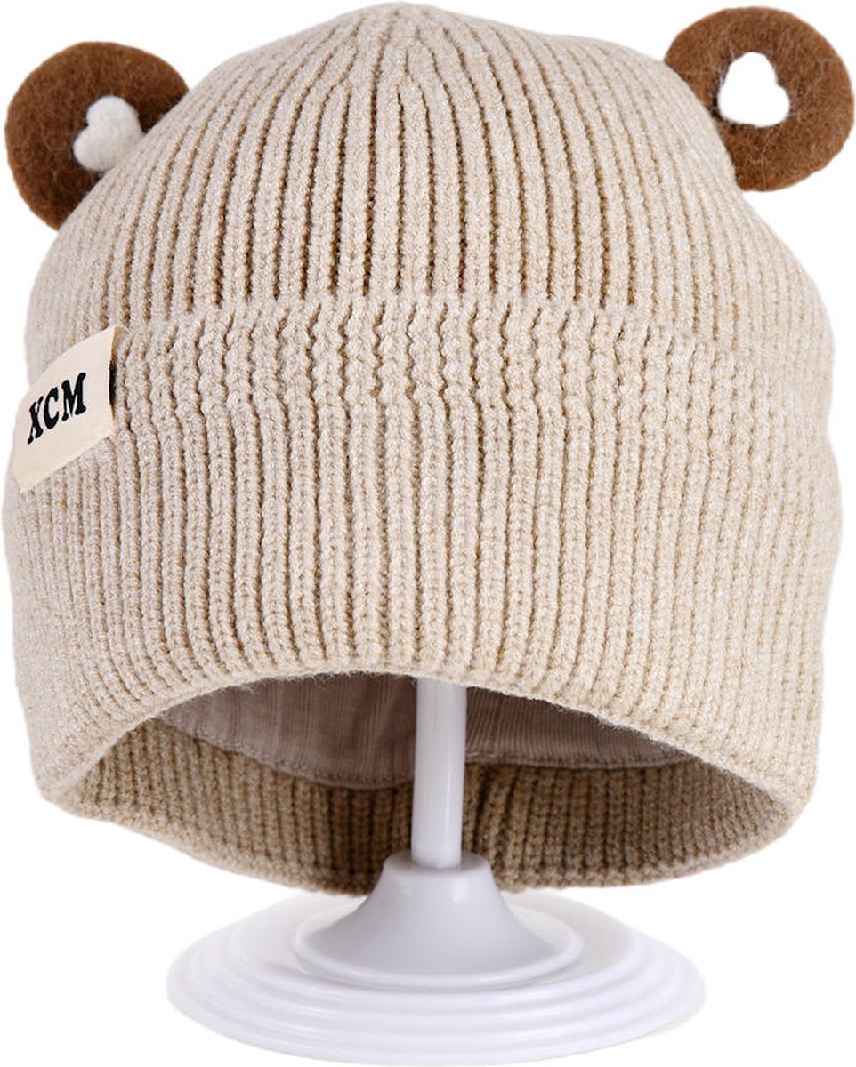 Decopatent XCM - Muts Kind - Kinder muts met Oren - Teddy Bear - 6 Maanden t/m 6 jaar - Maat 48/52 - Kindermutsen Jongens & Meisjes - Gebreide Muts met Binnenvoering - Muts Baby / Peuter / Kleuter - Wintermuts - Kleur: Beige