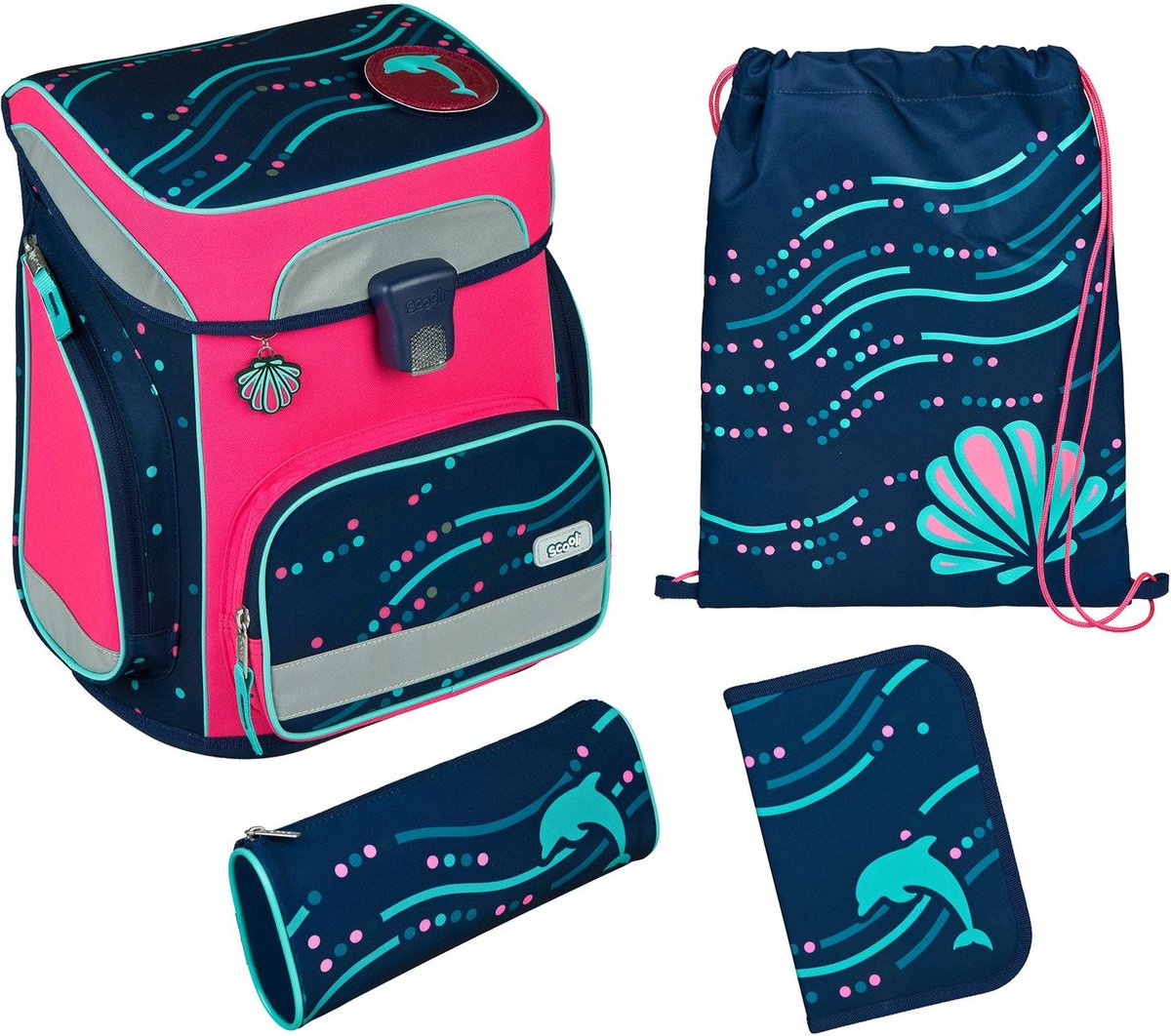 Scooli Schooltas EasyFit Schulranzen-Set 5-delig Glow Edition Dotty Dolphin Donkerblauw