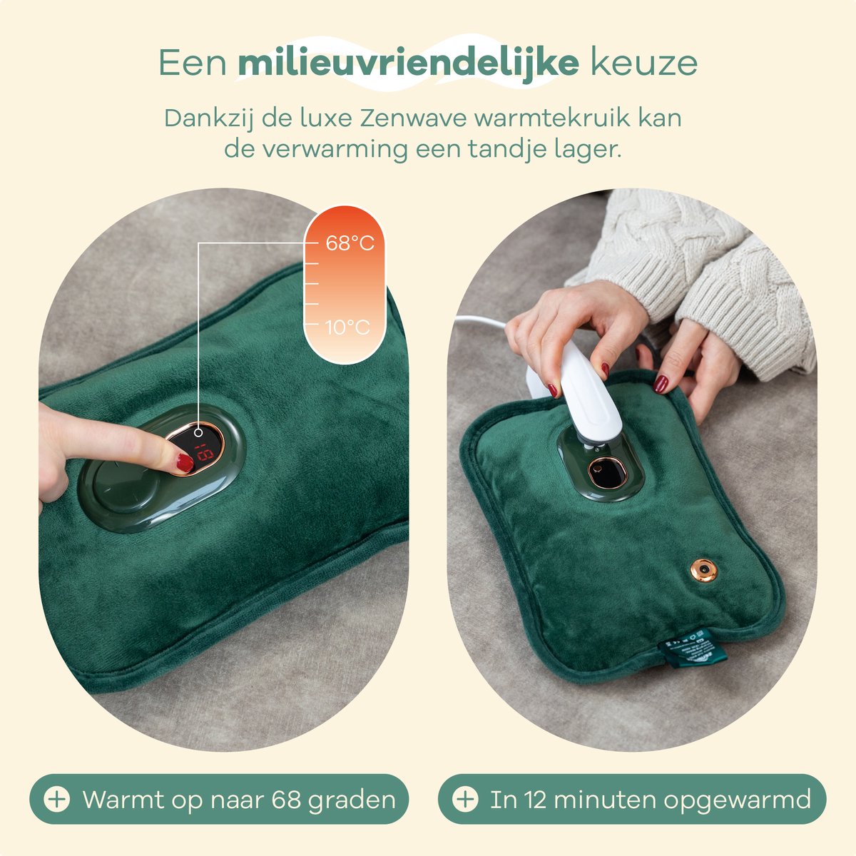 Zenwave Elektrische Kruik met Hoes - Digitaal Display - Warmtekruik & Waterkruik met Handwarmers - Oplaadbare Warmtekussen - Menstruatie Warmteband - Duurzaam & Draadloos - Kamperen & Outdoor - Warmwaterkruik Groen – foto 5