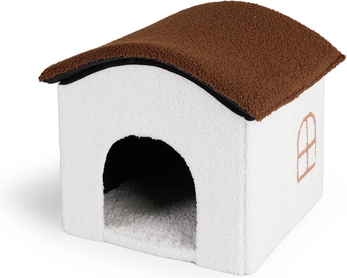 Bol.com Lifa Living Dierenhuis - Teddystof - Kattenhuis - 39x38x36cm (LxBxH) - Wit&Bruin - Polyester, MDF aanbieding
