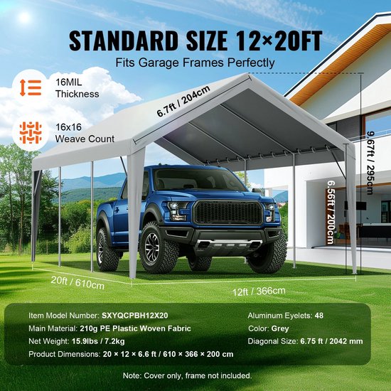 Tent - Carport Replacement Canopy Cover - Garage Top Tent - Shelter Tarp - Heavy-Duty - 10x20ft - Waterdicht & UV-beschermd - Frame Niet Inbegrepen - Wit van Vozeli. — afbeelding 4