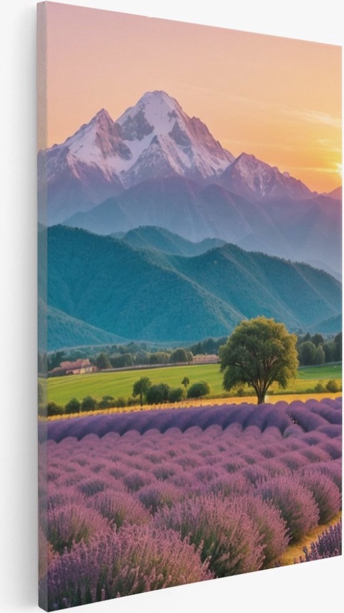Saammp Canvas Schilderij - Bloemen - Lavendel met bergachtig landschap - Natuur - 40x50 - Foto op canvas - Wanddecoratie - Muurdecoratie Woonkamer - Slaapkamer decoratie - Canvas Print Multicolor