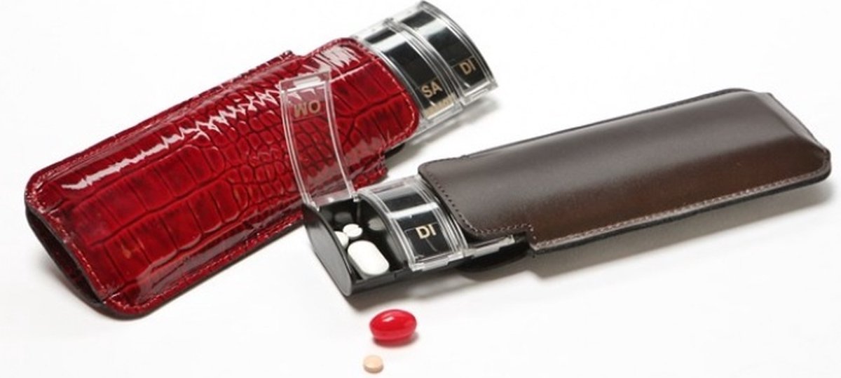 Adhome Zwarte luxe pillendoos met bruin lederen etui - Taal: Frans