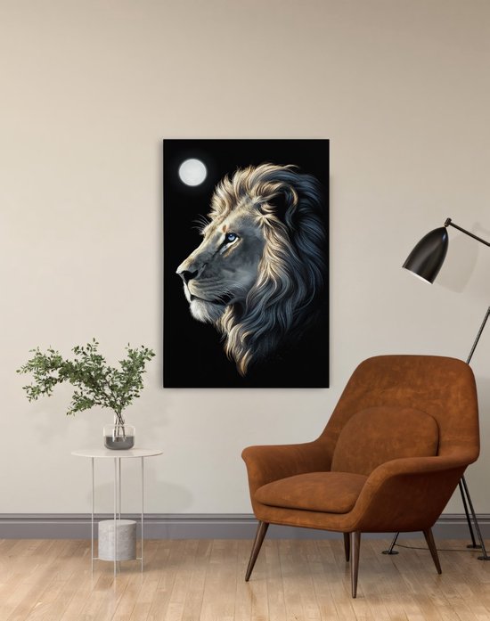 Saammp Canvas Schilderij - Leeuw - Maan - Dieren - 75x100 - Natuur - Foto op canvas - Wanddecoratie - Muurdecoratie Woonkamer - Slaapkamer decoratie - Canvas Print
