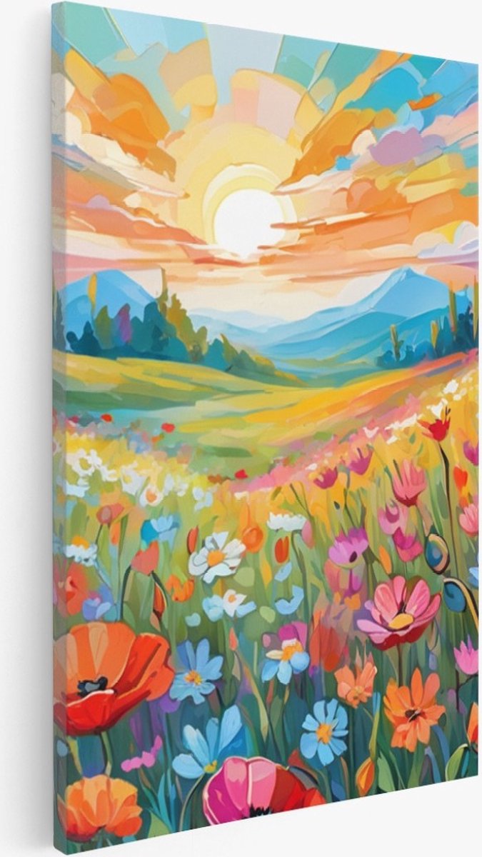 Saammp Canvas Schilderij - Bloemenveld met zonsondergang - Natuur - Landschap - 60x90 - Foto op canvas - Wanddecoratie - Muurdecoratie Woonkamer - Slaapkamer decoratie - Canvas Print Multicolor
