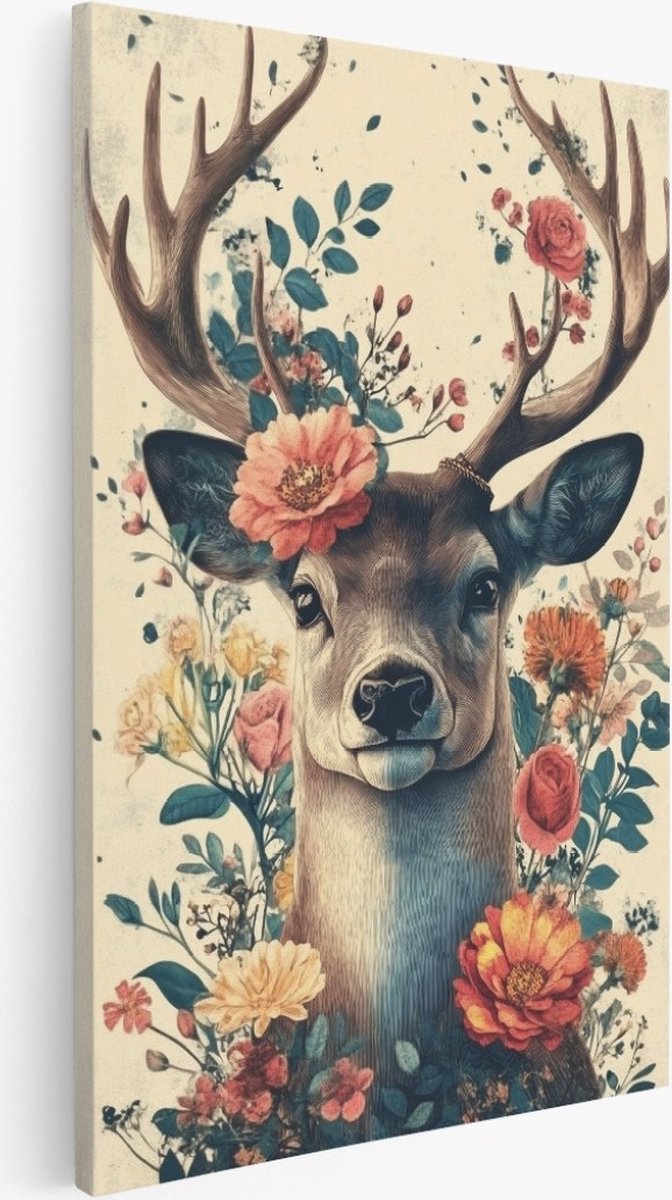 Saammp - Canvas Schilderij - Abstract hert met bloemen - Dieren - Natuur - 60x90 - Foto op