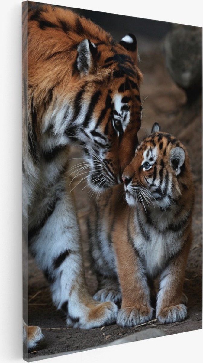 Saammp Canvas Schilderij - Tijger met welp - Natuur - Dieren - 30x45 - Foto op canvas - Wanddecoratie - Muurdecoratie Woonkamer - Slaapkamer decoratie - Canvas Print Multicolor
