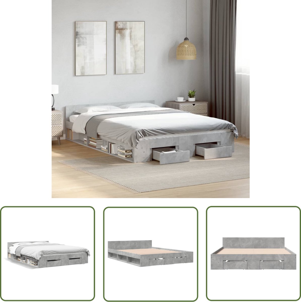 The Living Store Bedframe met lades bewerkt hout betongrijs 120x200 cm - Bed Frame - Houten Bed - Tweepersoonsbed - Betonnen Grijs - Bed Met Lade