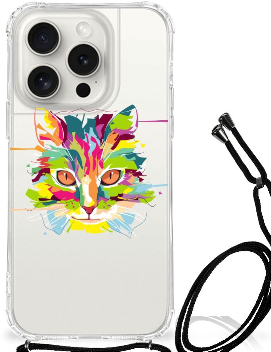 TPU Case Anti-Shock met Koord voor iPhone 15 Pro Stevig Bumper Hoesje Cat Color