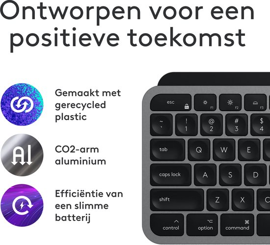 Logitech MX Keys S gris, fait de plastique et d'aluminium recyclés, avec touches programmables.