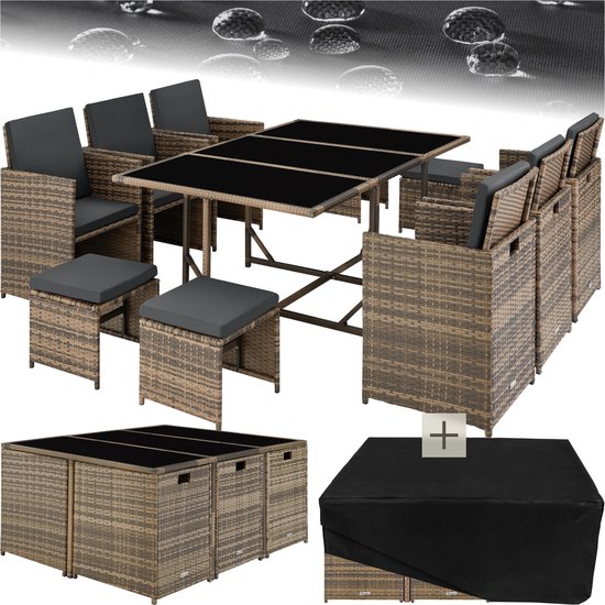 tectake® - Tuinset Malaga - Outdoor Balkon Tuinmeubelset - Loungeset met 6 stoelen, 4 krukken, 1 tafel en beschermhoes - Wicker vlechtwerk - Weerbestendig en Ruimtebesparend - Natuur