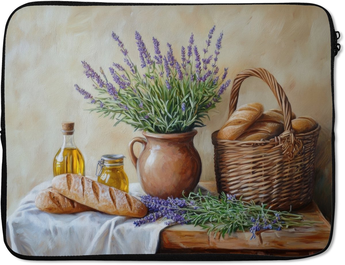 Laptophoes 15.6 inch - Lavendel - Brood - Stilleven - Laptop sleeve - Binnenmaat 37x26 cm - Zwarte achterkant
