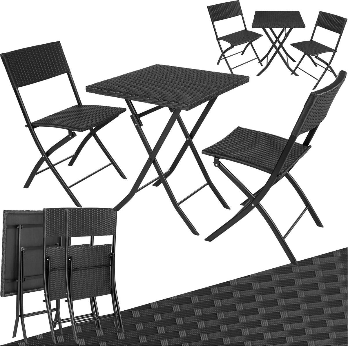 tectake® - Wicker Balkon- of Tuinbistroset - Zitgroep met 2 Stoelen en Kleine Eettafel - Ruimtebesparend en Opklapbaar - Tuin- en Balkonmeubel voor Klein Balkon - Zwart - Poly-Rattan