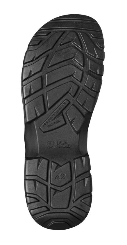 Onderkant van een zwarte Sika Proflex werkklomp met grof profiel.