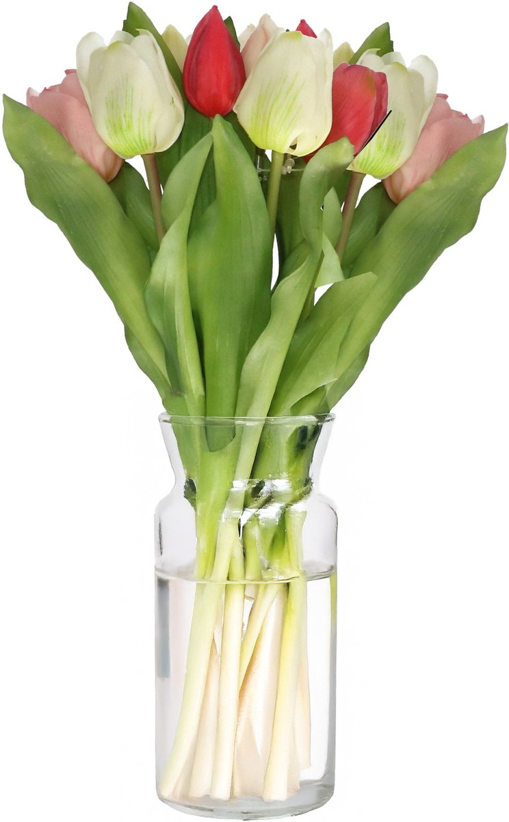 Bellatio Design Kunst tulpen boeket Vermeer - 7x stuks - roze/creme - real touch - 31 cm