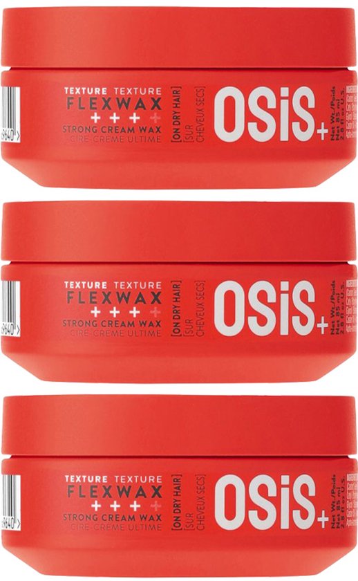 Drie rode potten Osis+ Flexwax met witte tekst: TEXTURE FLEXWAX [ON DRY HAIR] STRONG CREAM WAX.