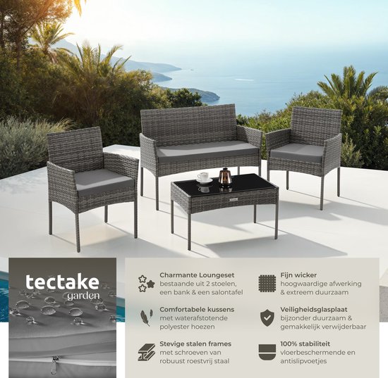 tectake® - Salon de jardin en osier Palese - Ensemble de sièges pour 4 personnes - Ensemble de meubles de jardin avec banc de salon, table de jardin et 2 chaises de jardin avec coussins d'assise - Mobilier de jardin - Hydrofuge - Grijs