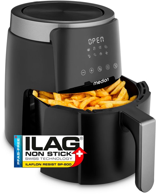 MEDION Friggitrice ad aria calda P40 L (4,7 litri, 1500 watt, funzionamento semplice, frittura senza olio, timer 60 minuti, fino a 200° C, rivestimento antiaderente, MD13030) nero