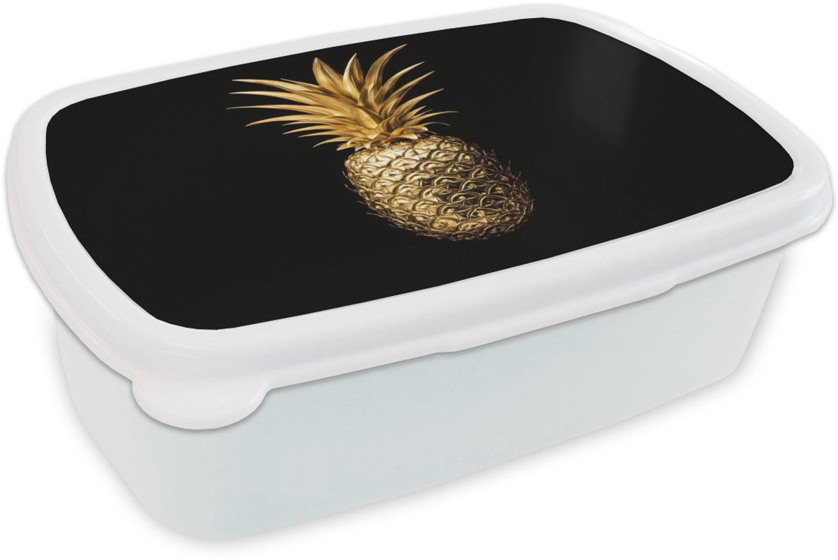 Broodtrommel Wit - Lunchbox Ananas - Zwart - Goud - Luxe - Brooddoos 18x12x6 cm - Brood lunch box - Broodtrommels voor kinderen en volwassenen