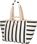 Gestreepte tas met beige schouderbanden en een lichtbruin logo.