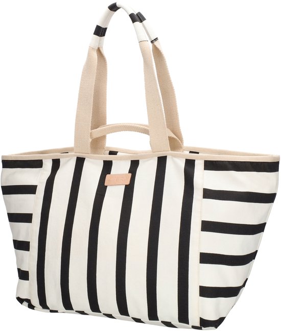 Gestreepte tas met beige schouderbanden en een lichtbruin logo.