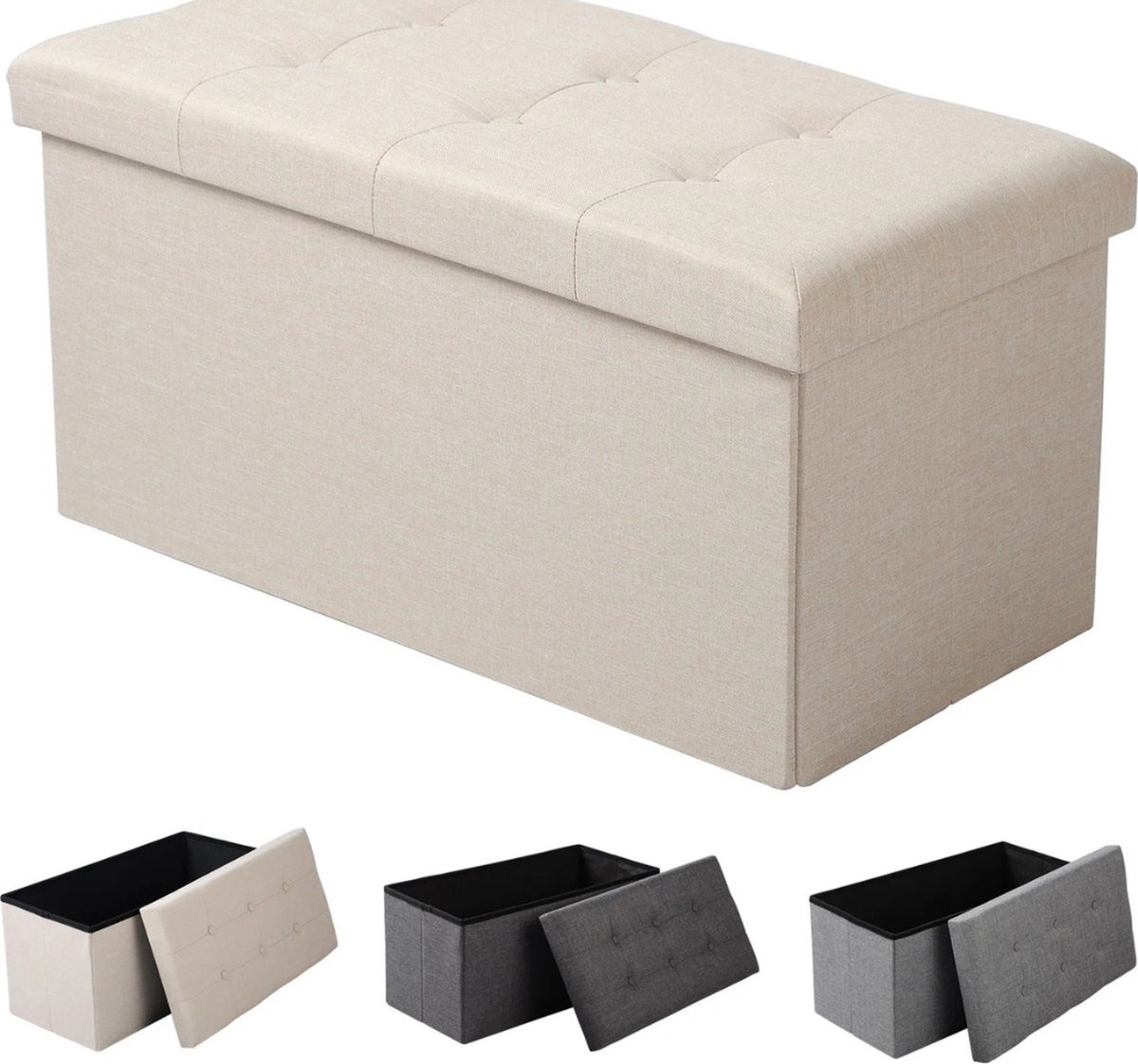 Multifunctionele opslag poef linnen beige - 38cm hoog - Opvouwbaar - 80L inhoud - Gestoffeerde zitting - 5,8kg