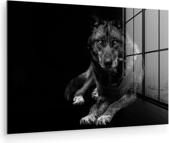 Glasschilderij - Foto op glas - Acrylglas - Dieren - Wolf - Zwart - Wit - Muurdecoratie - 60x40 cm - Wanddecoratie - Glasschilderij wolf - Muurdecoratie dieren