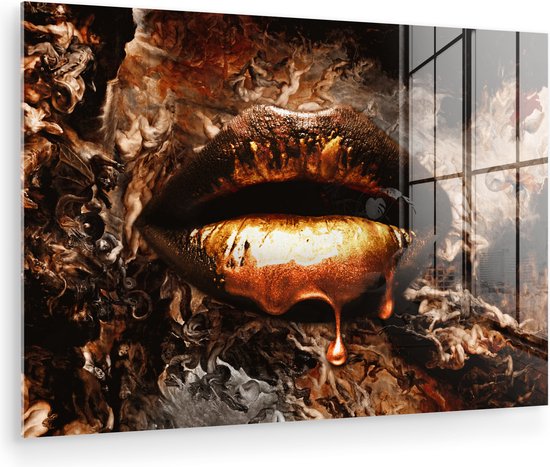 Glasschilderij goud - Lippen - Kunst - Luxe - Abstract - Wanddecoratie glas - Woondecoratie - 120x80 cm - Foto op Glas - Schilderij glas - Slaapkamer - Glasplaat