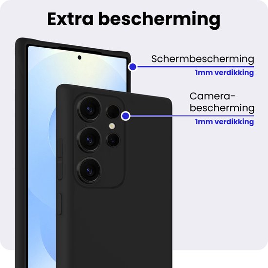 Coque noire pour le Samsung Galaxy S25 Ultra, montrant 1mm de protection supplémentaire pour l'écran et les caméras.